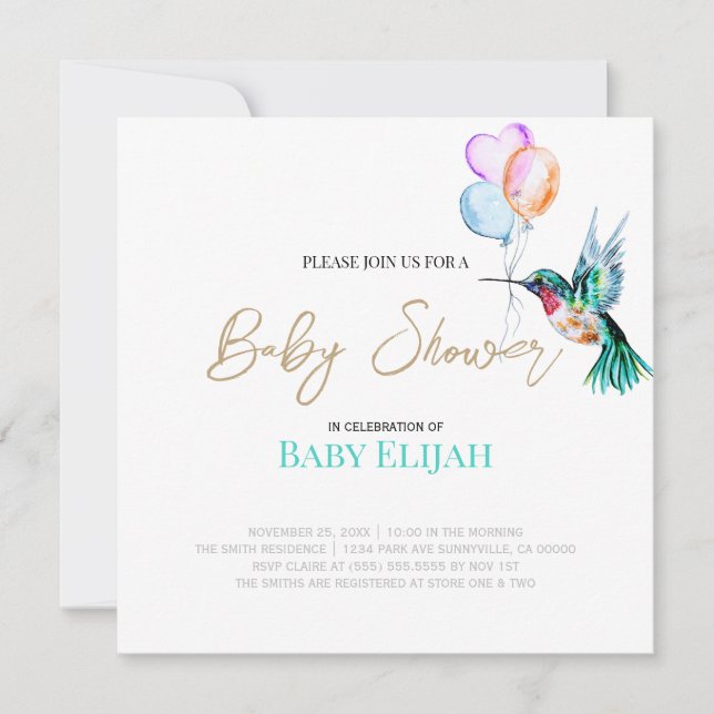 Convites Chá de Bebê Beija-flor em Aquarela e Balões (Frente)