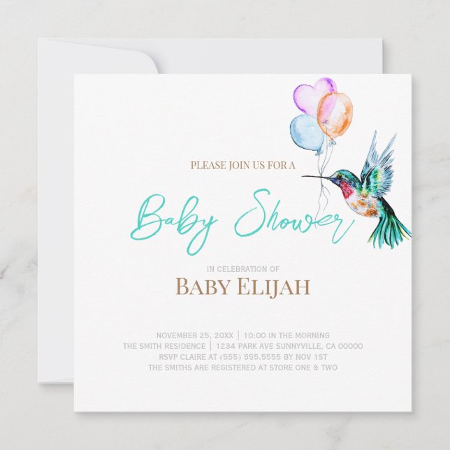 Convites Chá de Bebê Beija-flor em Aquarela e Balões (Frente)
