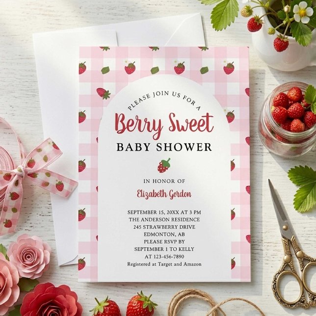 Convites Chá de Bebê Berry Sweet Morango Fofo Moderno (Criador carregado)