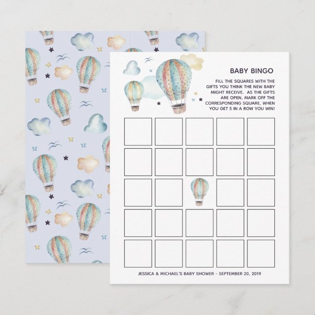 Convites Chá de Bebê Bingo Balão de Ar Quente Aquarela (Frente/Verso)