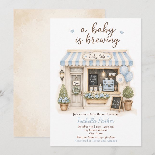 Convites Chá de Bebê Blue Baby Is Brewing Café (Frente/Verso)