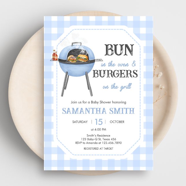 Convites Chá de Bebê Blue Burger BBQ (Bun and Burgers Baby Shower Invitation)