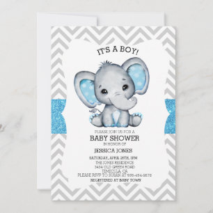 Convites Chá de Bebê Blue Elephant Glitter Chevron