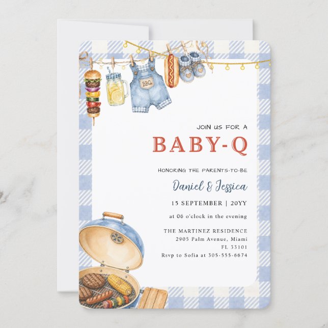 Convites Chá de Bebê Blue Gingham Backyard Baby Q (Frente)