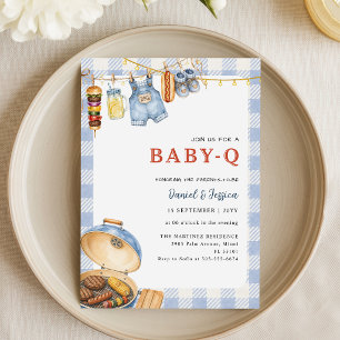 Convites Chá de Bebê Blue Gingham Backyard Baby Q