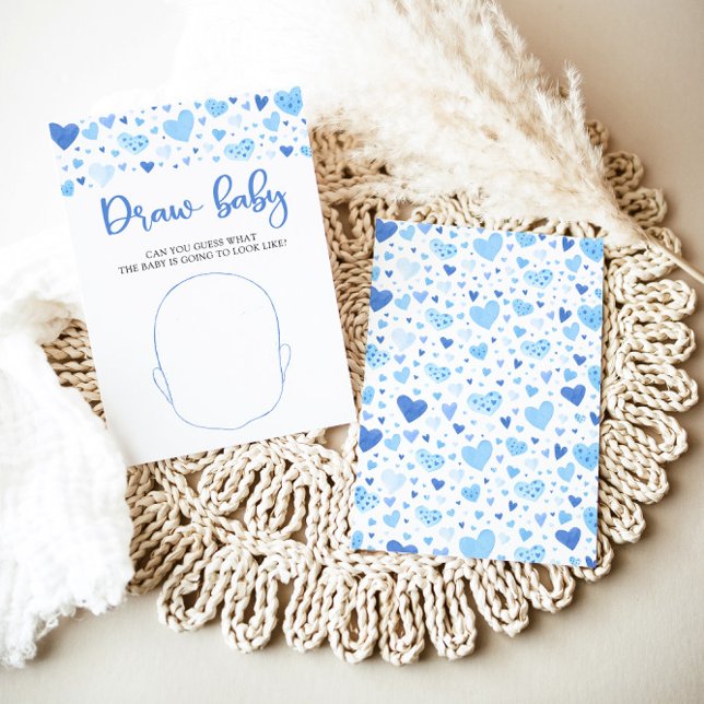 Convites Chá de Bebê Blue Valentine Desenhe o Bebê Jogo (Watercolor Cute Blue Hearts Valentine Sweetheart February Boy Draw the Baby Game Baby Shower Game)
