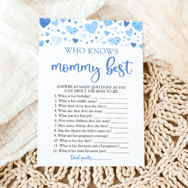 Convites Chá de Bebê Blue Valentine Quem Conhece Melhor a M (Watercolor Cute Blue Hearts Valentine Sweetheart February Boy Who Knows Mommy Best Baby Shower Game)