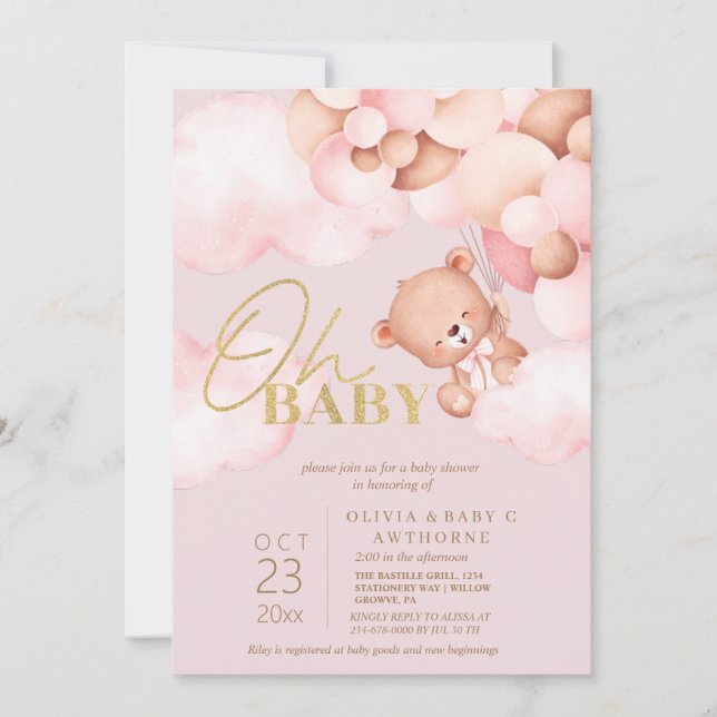 Convites Chá De Bebê Blush Bear Balões Rosa (Frente)