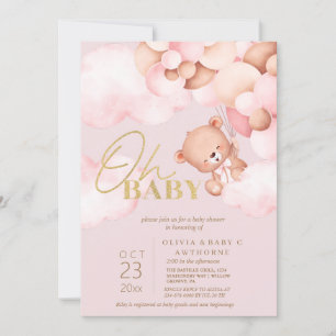 Convites Chá De Bebê Blush Bear Balões Rosa