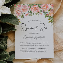 Convites Chá de Bebê Blush Rose Floral Greenery Sip and See