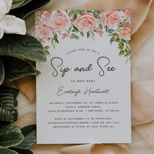 Convites Chá de Bebê Blush Rose Floral Greenery Sip and See (Criador carregado)