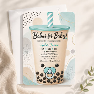 Convites Chá de Bebê Boba Azul-Adoceado Pérola Pequena Bolh