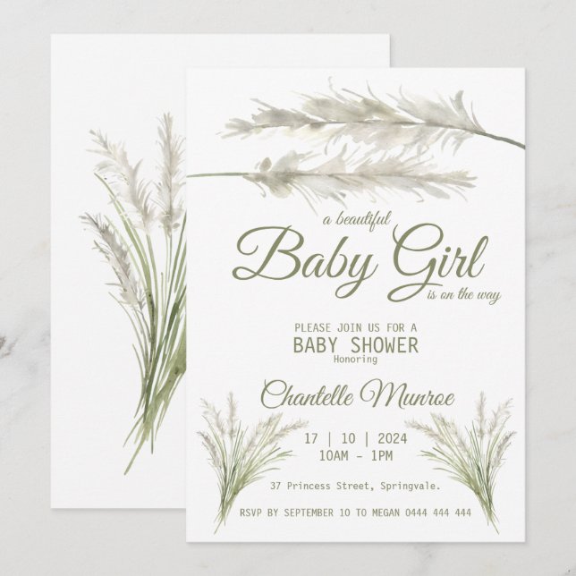 Convites Chá de Bebê Boêmio Moderno com Grama Pampas Boho (Frente/Verso)
