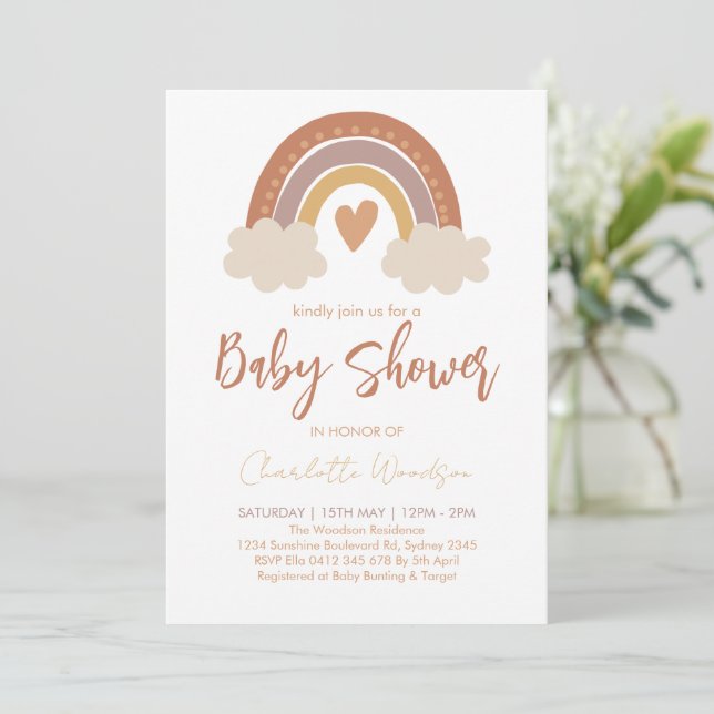 Convites Chá de Bebê Boho Aquarela Arco-íris (Em pé/Frente)
