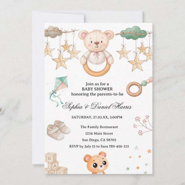 Convites Chá de Bebê Boho Bear (Frente)