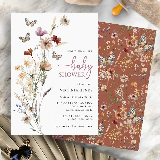 Convites Chá de Bebê Boho Borboleta Flor Silvestre (Terracotta Butterfly Boho Wildflower Baby Shower Invitation by Painted Paperie
)