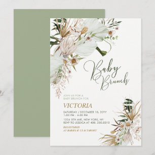 Convites Chá de Bebê Boho Botânico Verde e Dourado Brunch
