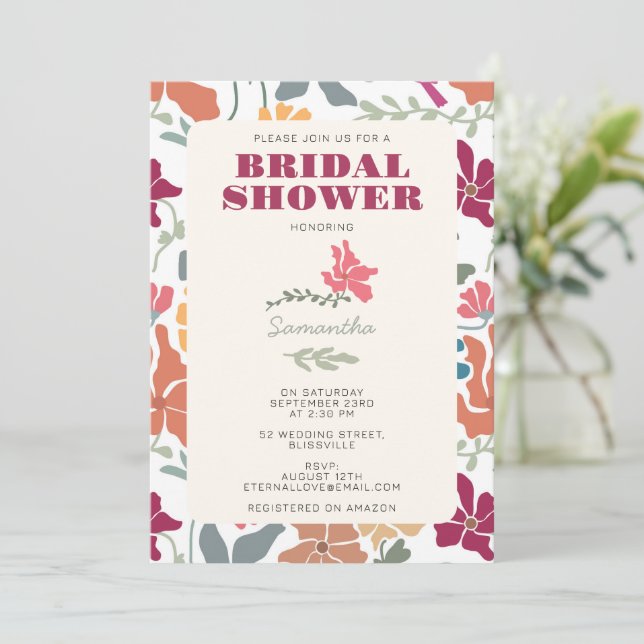 Convites Chá de Bebê Boho Chic Floral Retro Meados do Sécul (Em pé/Frente)