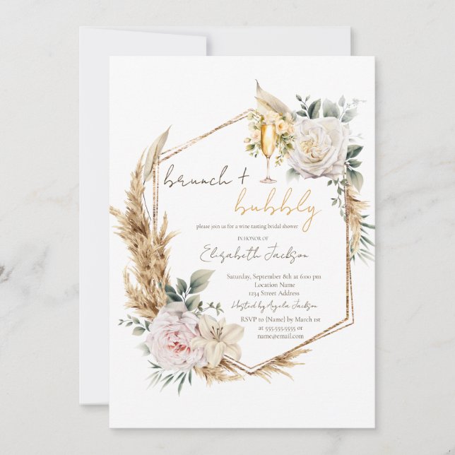 Convites Chá de Bebê Boho com Flores de Pampas e Espumante (Frente)