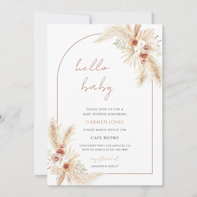 Convites Chá de Bebê Boho com Grama das Pampas (Frente)