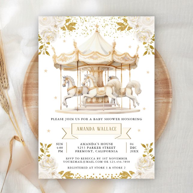 Convites Chá de Bebê Boho Creme Dourado Floral Carousel (Criador carregado)