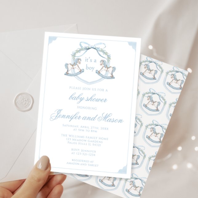 Convites Chá de bebê boho, , criatura de cavalo, azul-branc (Criador carregado)