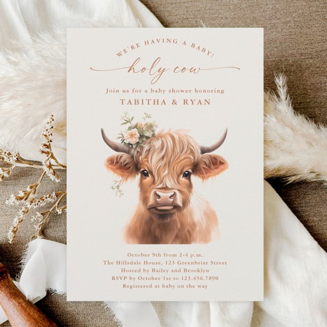 Convites Chá de Bebê Boho de Casal com Vaca das Terras Alta (Highland Cow Country Floral Farm Couples Baby Shower Invitation.)