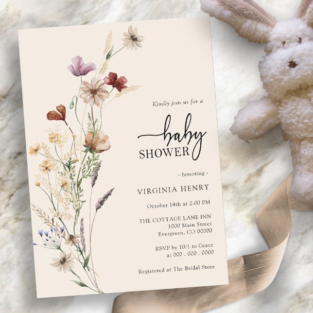 Convites Chá de Bebê Boho de Flores Silvestres (Elegant Wildflower Boho Baby Shower Invitation by Painted Paperie
)
