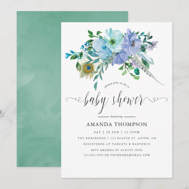Convites Chá de Bebê Boho em Aquarela Azul e Hortelã (Frente/Verso)