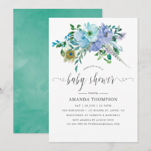 Convites Chá de Bebê Boho em Aquarela Azul e Hortelã