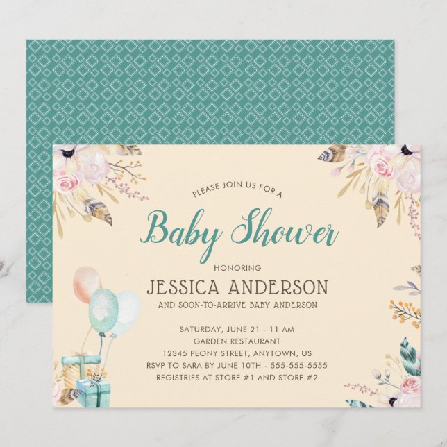 Convites Chá de Bebê Boho em Aquarela Elegante (Frente/Verso)