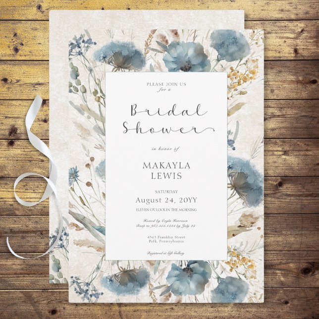 Convites Chá de Bebê Boho em Azul Desbotado e Marrom Floral (Boho Dusty Blue & Brown Floral Bridal Shower Invitation)