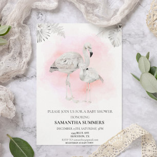 Convites Chá de Bebê Boho Flamingo Branco Tropical