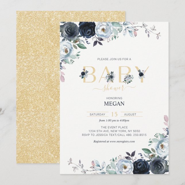 Convites Chá de Bebê Boho Floral Azul Marinho e Dourado (Frente/Verso)