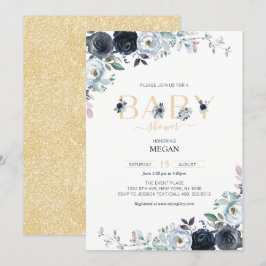 Convites Chá de Bebê Boho Floral Azul Marinho e Dourado