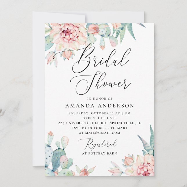 Convites Chá de Bebê Boho | Floral de Cacto em Aquarela (Frente)