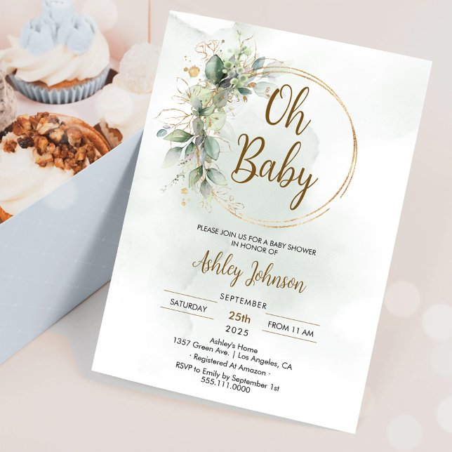 Convites Chá de Bebê Boho Floral Oh Baby Verde e Dourado (Criador carregado)