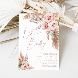 Convites Chá de Bebê Boho Floral Pampas Dourado Rosa