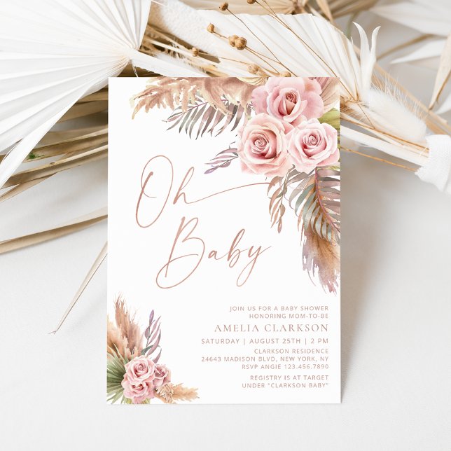 Convites Chá de Bebê Boho Floral Pampas Dourado Rosa (Criador carregado)