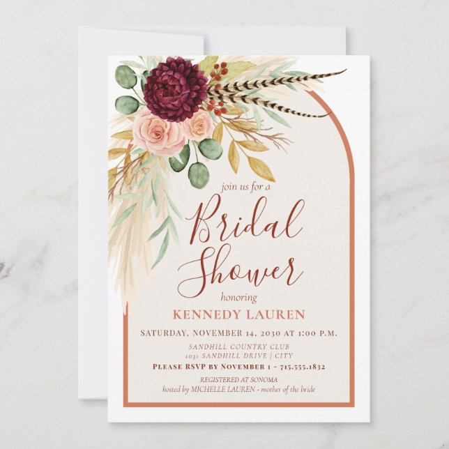 Convites Chá de Bebê Boho Floral Terracota com Grama das Pa (Frente)