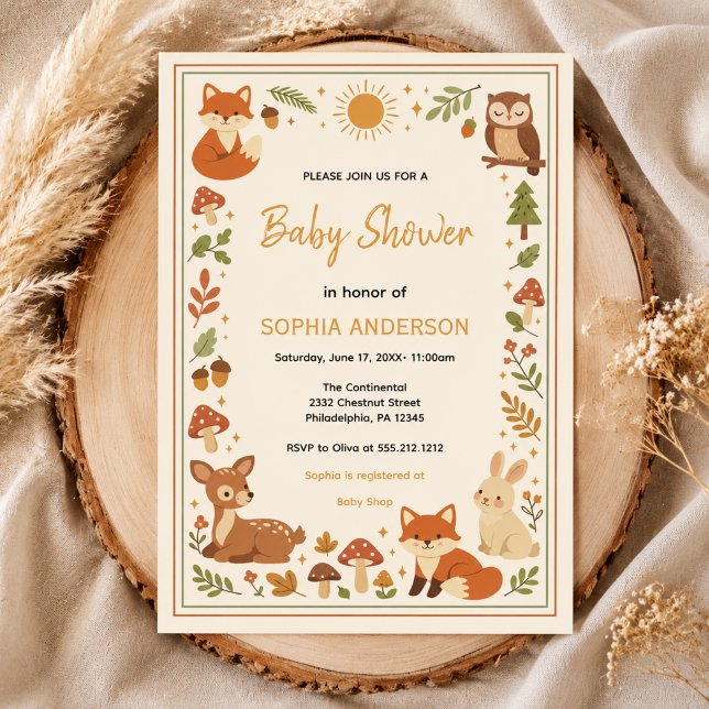 Convites Chá de Bebê Boho Floresta | Animais da Floresta Rú (Boho Woodland Baby Shower | Rustic Forest Animals Invitation)