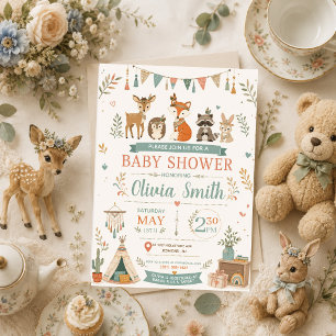 Convites Chá de Bebê Boho Floresta Animais Tribais da Flore