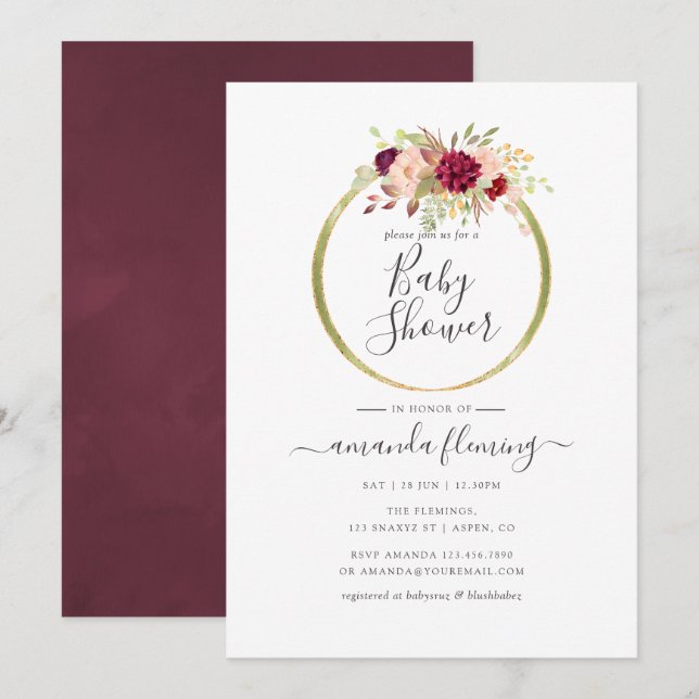 Convites Chá de Bebê Boho Geométrico Burgundy e Blush (Frente/Verso)