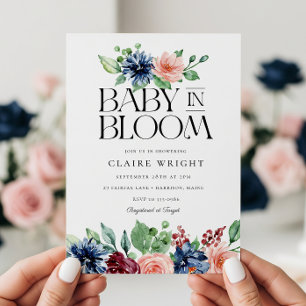 Convites Chá de Bebê Boho Navy Rosa Floral Bebê em Flor