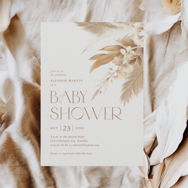 Convites Chá de Bebê Boho Neutro com Grama das Pampas (Pampas Grass Elegant Boho Baby Shower Invitations.)