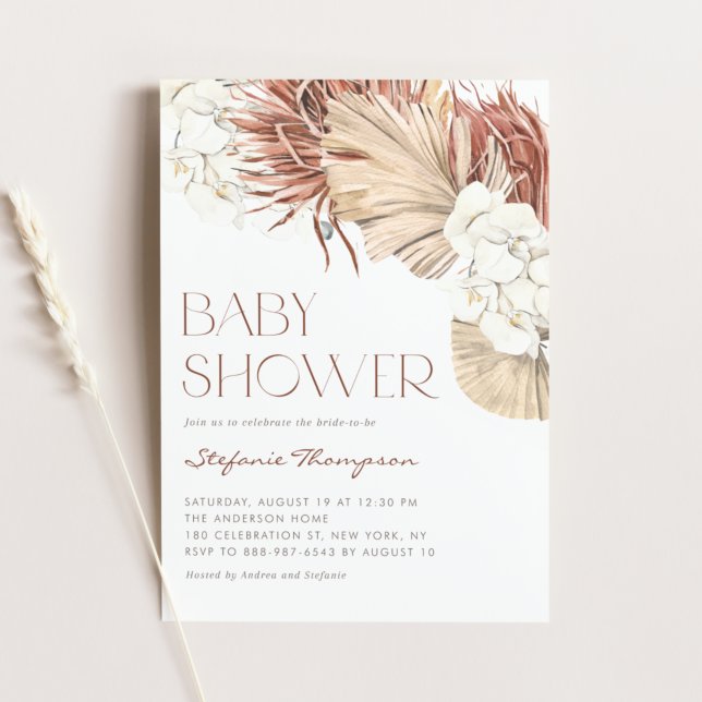 Convites Chá de Bebê Boho Orchids e Folhas de Palmeira Seca (Criador carregado)