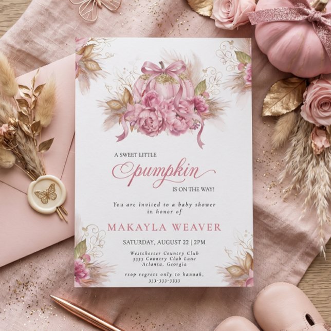 Convites Chá de Bebê Boho Pequena Abóbora Floral Rosa (Criador carregado)
