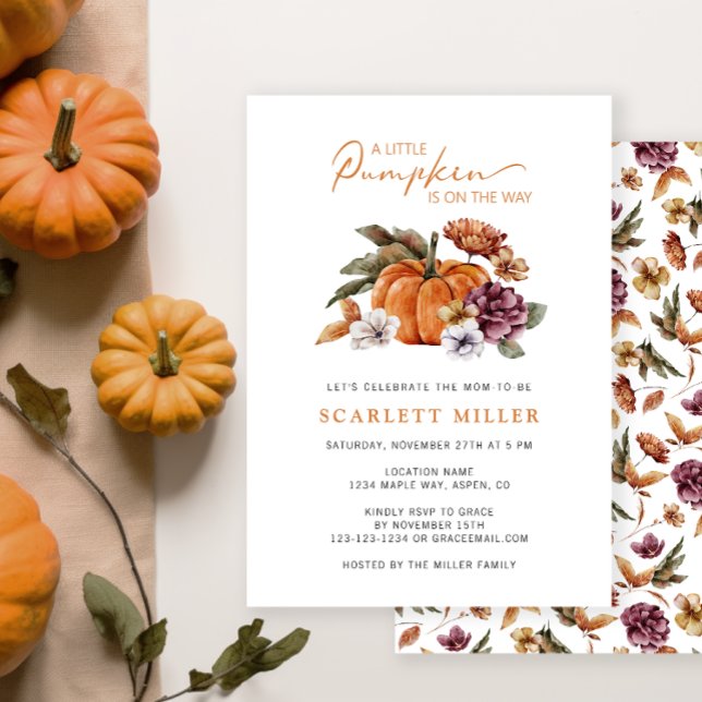 Convites Chá de Bebê Boho Pumpkin (A Little Pumpkin Is On The Way Baby Shower Invitation Fall Autumn Watercolor Floral)