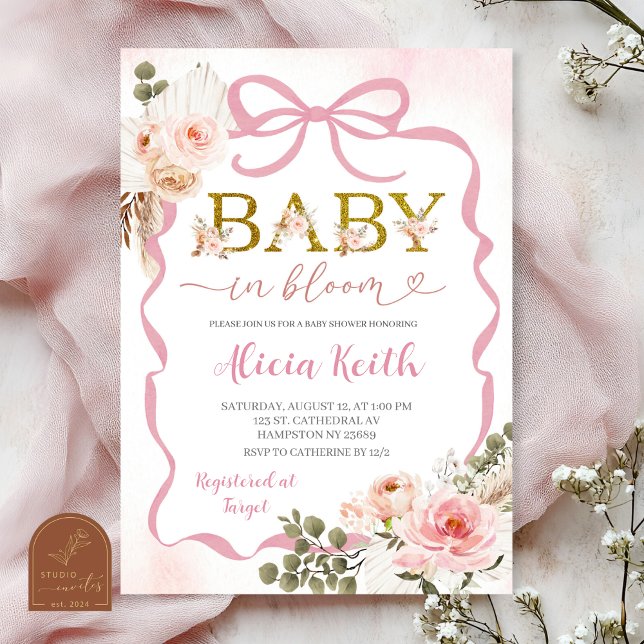 Convites Chá de Bebê Boho Rosa Pampas Grass Baby i (Criador carregado)