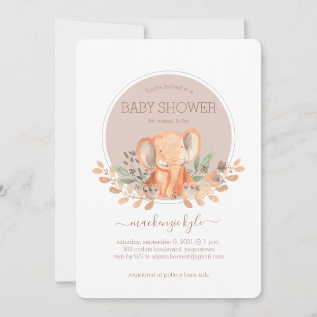 Convites Chá de Bebê Boho Safari Elefante Aquarela (Frente)